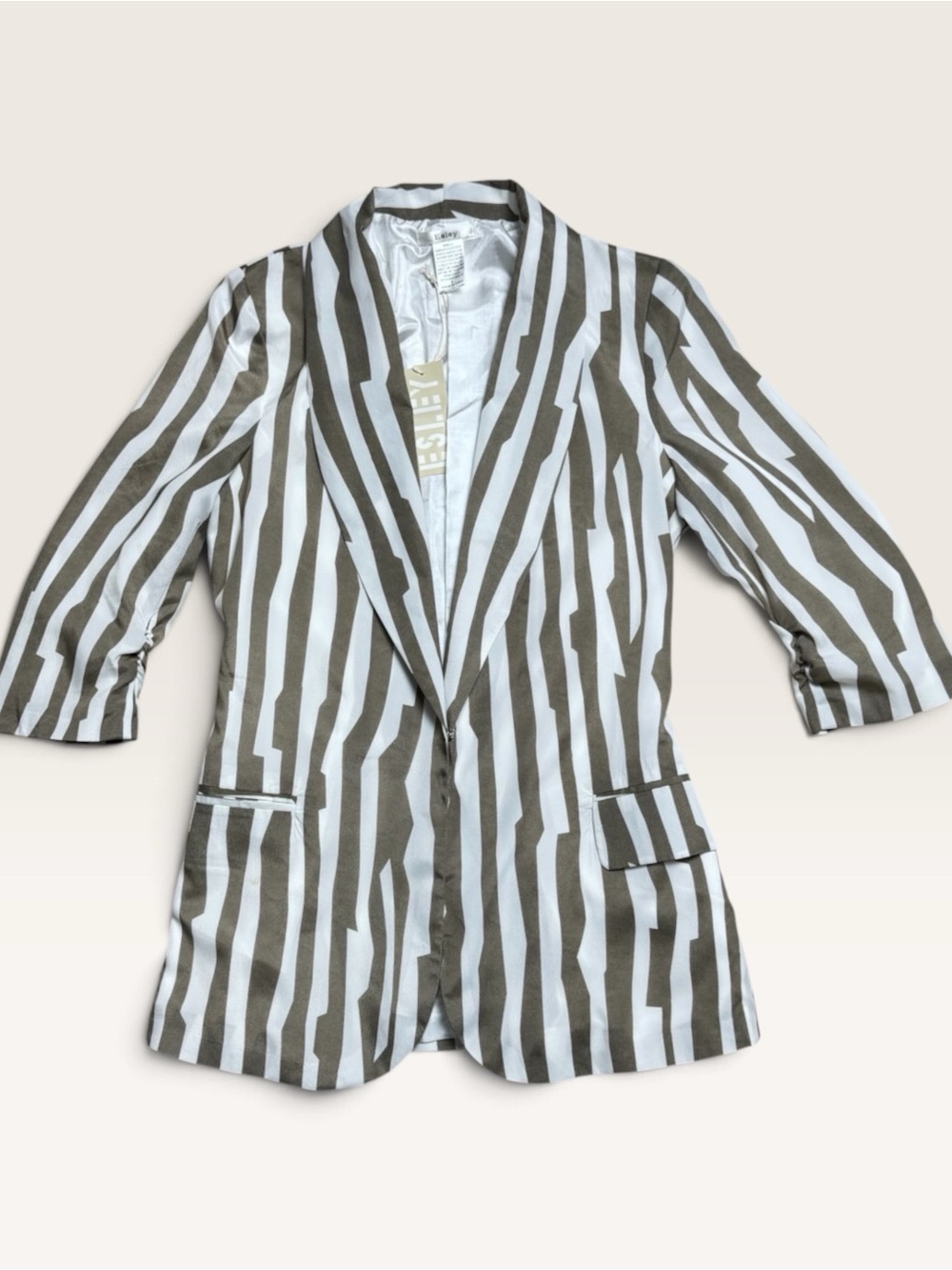 Esley NWT Striped Longline Blazer Size Small Taupe White Tailored Jacket